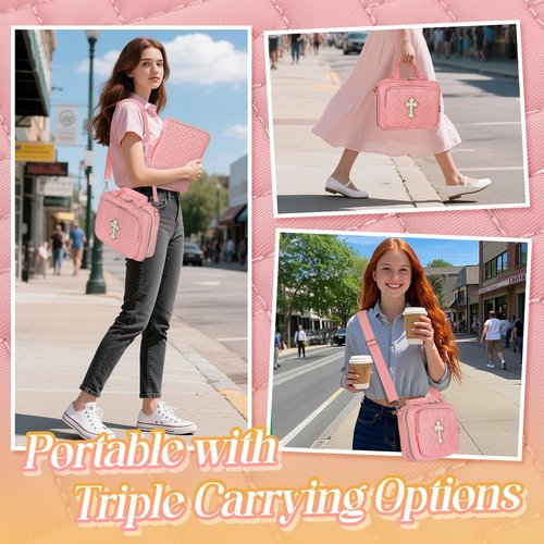 Large Bible Bag with Cover Case for Women - Bible Study Supplies Including Separate Book Cover/Pen Slots/Shoulder Strap, Cross Journaling Kit Christian Gifts for Church Lady Girls (Pink)