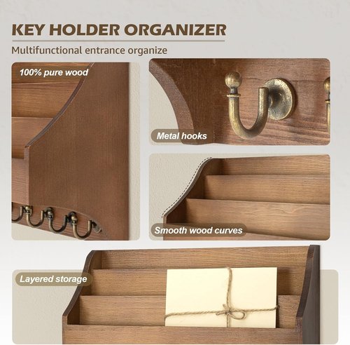 Rebee Vision Pine Wood Key Holder - Wall-Mounted Mail Organizer with Key Hooks & 3-Tier Slot | Brown