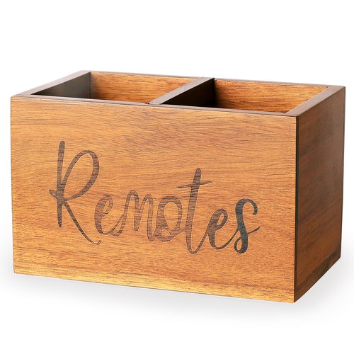 Remote Control Holder, Wooden TV Remote Holder for Table, Remote Organizer Caddy for Home Decor, Remote Box for Nightstand, Brown Labeled "Remote", 2 Slot - 7.3 Inch