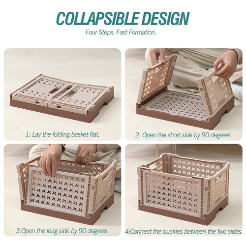 HOYA PONYOO 2-Pack Pastel Plastic Storage Crates, Foldable & Stackable Crates for Home, Office, Bathroom, 12 x 8.7 x 7 Inch Collapsible Organizers, White, Middle