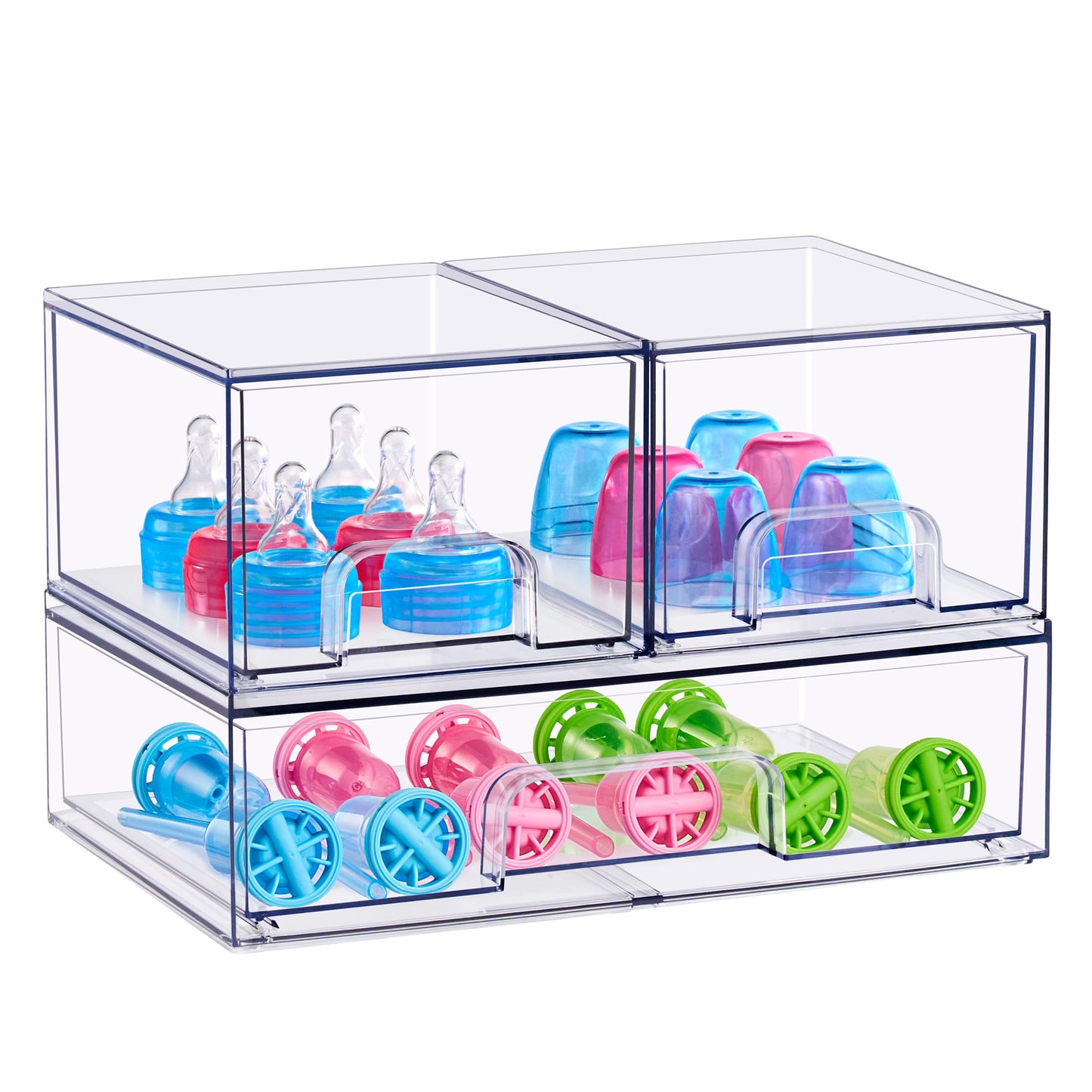 Sorbus Stackable Acrylic Storage Drawers – 2 Small + 1 Wide – 3 Pack Clear Plastic Organizer Bins for Baby Bottles, Makeup, Bathroom & Vanity, Pull-Out Drawer Design for Kitchen Cabinets