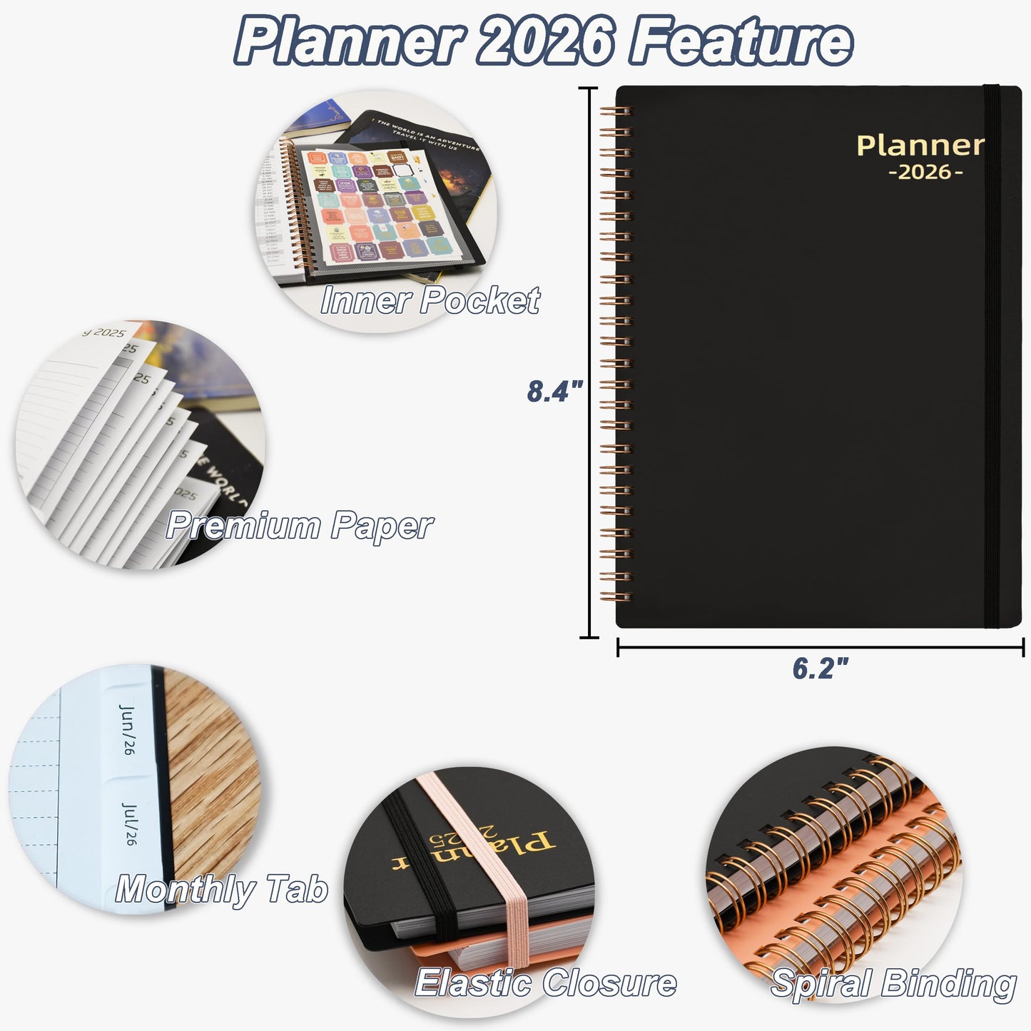 2026 Daily Planner, Jan.2026-Dec.2026, 6.2" x 8.4", 2026 Planner Weekly and Monthly, Calendar Planner 2026 with Tabs & Pocket, 100GSM Thick Paper, Black