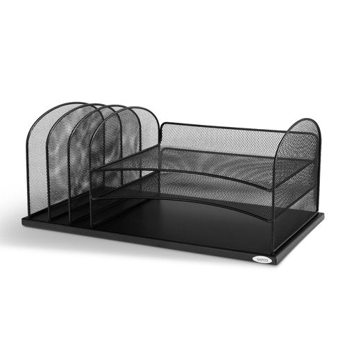 Safco Onyx Desk Organizer, 3 Vertical Compartments and 3 Trays, Office and Classroom Mailbox , Paper and Mail Sorter, Steel Mesh, Black