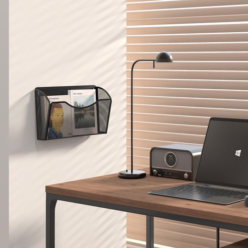 EasyPAG Wall File Holder, Single Mesh Hanging File Organizer for A4 Letter Size Paper, Wall Mount Paperwork Basket for Office, Home, School, Black