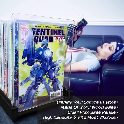 Komiq Patented Comic Book Storage Holder – Wooden & Acrylic Display Box/Case for Collectors – Organizer for Comics, Magazines & Books – Holds 150 Issues, 14.5x8 in (Black)