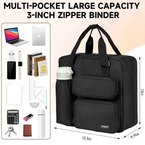 ZIOZERTT Zipper Binder 3 Ring, 700 Sheets Capacity, Binder 3 Inch with Shoulder Strap Fits 13 Inch Laptop for School and Office,Black