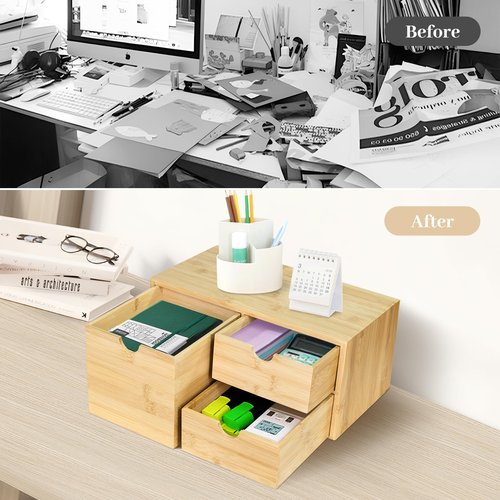SeekElegant Bamboo Desk Organizer, Desktop Organizer with 3 Drawer, Tabletop Storage Organization Box for Bills, Countertop, Home Office Supplies