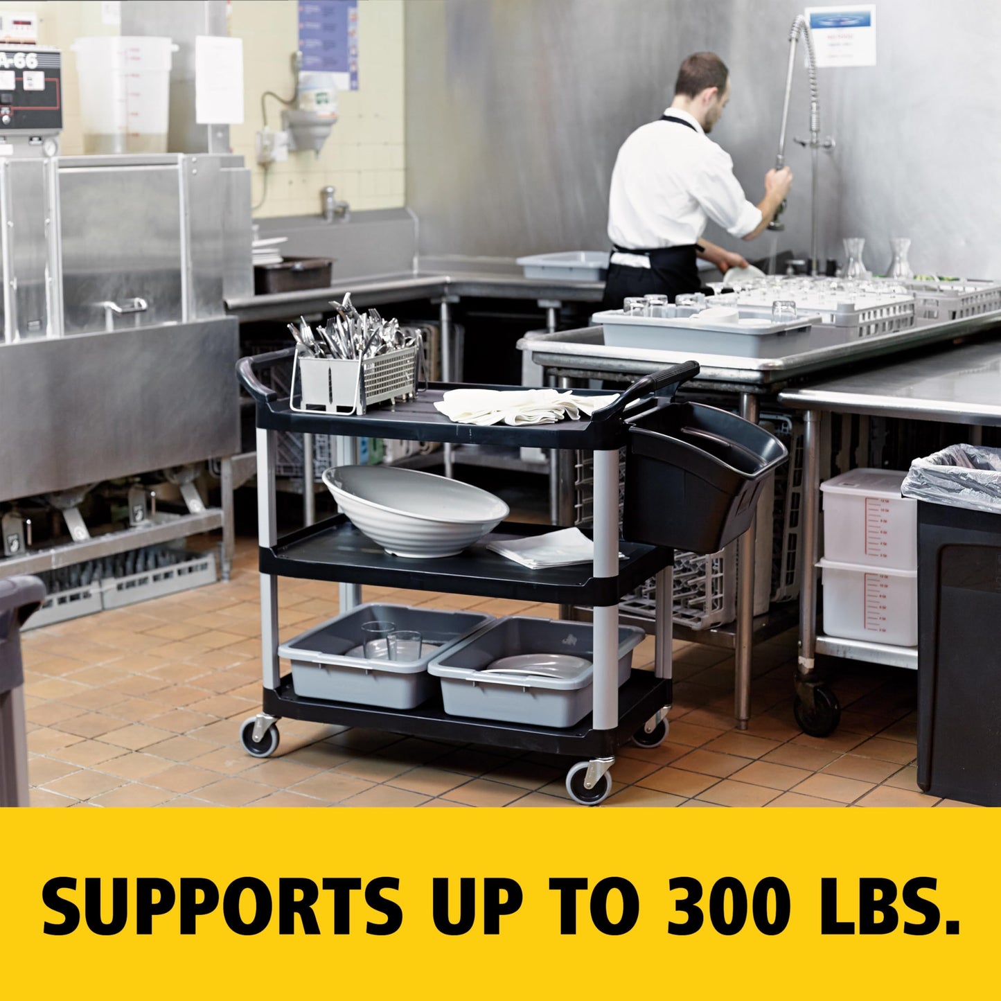 Rubbermaid Commercial Products Heavy Duty 3-Shelf Rolling Service/Utility/Push Cart, 300 lbs. Capacity, Black, for Restaurant/Cleaning/Office use (FG409100BLA)