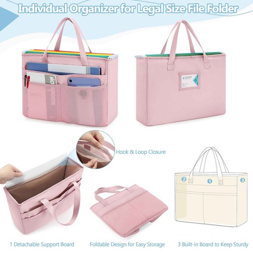 Prokva Work Tote Bag with File Organizer Box, Office Documents Storage Bag Fits for Legal Size Hanging Files Folders, Pink (Patent Design)