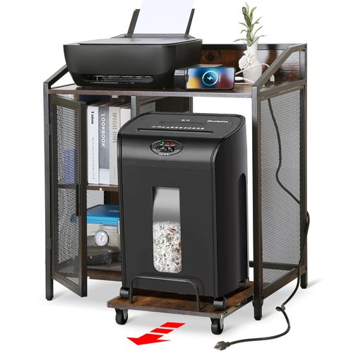 Houseables Printer and Shredder Stand, Printer Table with Storage, Shredder Cabinet on Wheels, Table for Home Office, PC Tower, Desk with File Cabinet Shelf Cart with Drawers, 2 USB and AC Outlets