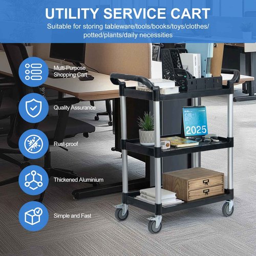 Rolling Utility Carts with Wheels Heavy Duty,3 Tier Rolling Cart with Wheels,510 LBS Food Service Cart with Rubber Mallet and Pad for Restaurant Kitchen Warehouse Office,35.5" x 16.9" x 39.5"(Black)