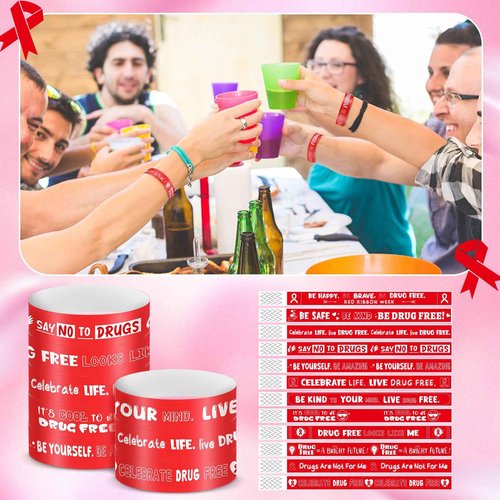 Fuyoooo 2400 Pcs Red Ribbon Week Wristbands Bulk - Drug Free Red Ribbon Week Paper Bracelets Inspirational Awareness Supplies for Anti-Drugs Campaigns, Awareness Events
