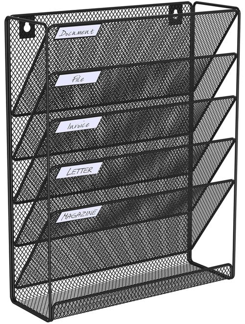 Hanging Folder Organizer Mesh 6 Tier, Wall File Organizer Hanging Paper Organizer, Wall Mount Mail Storage, Office Organization and Storage Rack for Home Office, Black