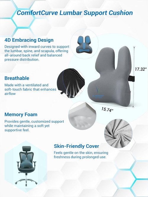 Al Barakah Orthopedics Comfort Curve Lumbar Support Cushion – Ergonomic 4D Design, Memory Foam Lower Back Pillow for Office Chair, Car Seat, Sofa, Bed – Relieves Back Pain and Improves Posture