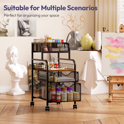 SWTYMIKI Rolling Cart with Drawers - Metal Utility Cart with Wood Shelf, DIY Divider and Locking Wheels, Craft & Art Cart Organizer for Under Desk Storage for Home Office Studio, Black