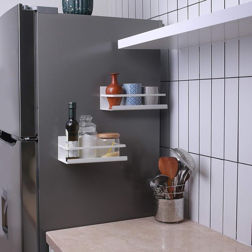 NHZ Magnetic Spice Rack - Space-Saving Magnetic Shelf for Refrigerator | Extra Strong Magnets (2 Pack, White)