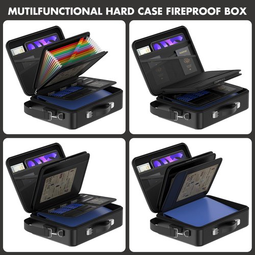 Chokoter Fireproof Document Box with Lock＆Shoulder Strap, Hard-Shell Case File Organizer with Accordion File Folder, Multi-Layer Portable Home Office (Black)
