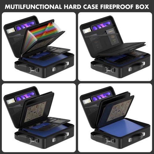 Chokoter Fireproof Document Box with Lock＆Shoulder Strap, Hard-Shell Case File Organizer with Accordion File Folder, Multi-Layer Portable Home Office (Blue)