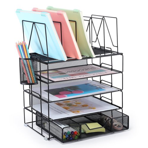 Housmile Desk Organizer, 5-Tier Desk Organizers and Accessories with File Sorters, Paper Tray, Drawer and Pen Holder, Anti-slip Silicone, Detachable File Organizer for Desk, Black