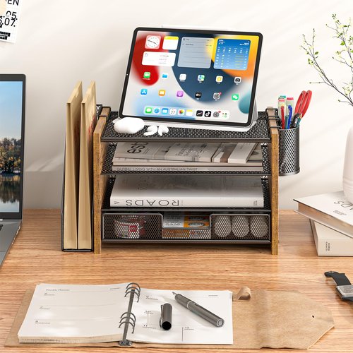 3IngSeagulls Wooden Desk Organizers and Accessories with File Holder, 4-Tier Paper File Organizer with Drawer & 2 Pen Holders, Office Desk Accessories, Desktop Organizer and Storage for Home Office