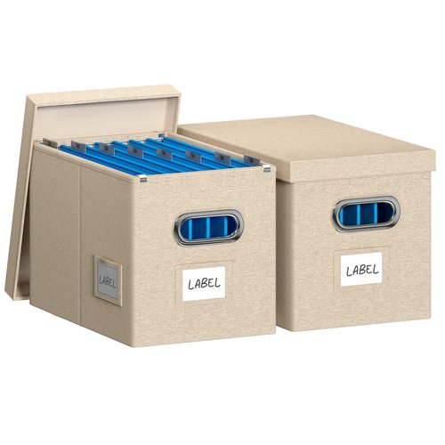 DYWMM Hanging File Box with Lid, Set of 2 Filing Organizer Storage Box, Linen Collapsible Decorative Office/Home File Cabinet (14x9.3x10.9 inch) (Beige)