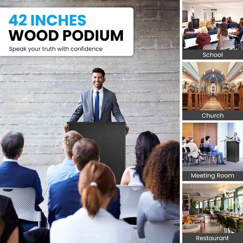 QuicMiou Podium Stand Freestanding Lectern Reception Desk with 4 Wheels, for Speaker with 2 Storage Shelves for Pulpits, Churches, Restaurants, and Classrooms (Black)