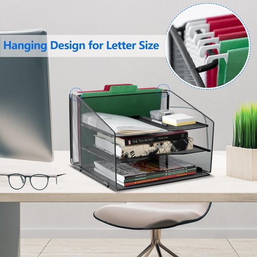 EasyPAG Mesh File Organizer for Desk, 3-Tier Paper Tray Organizer with Screw-Free Assembly & Letter Size Hanging File Holder, Metal Desk Organizer for Office Supplies, Documents, Folders, Black