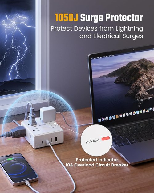 Skiennix 10Ft Extension Cord - Flat Plug Surge Protector Power Strip with 8 Outlets & 4 USB Ports | Ideal for Home Office & Dorm Room Essentials