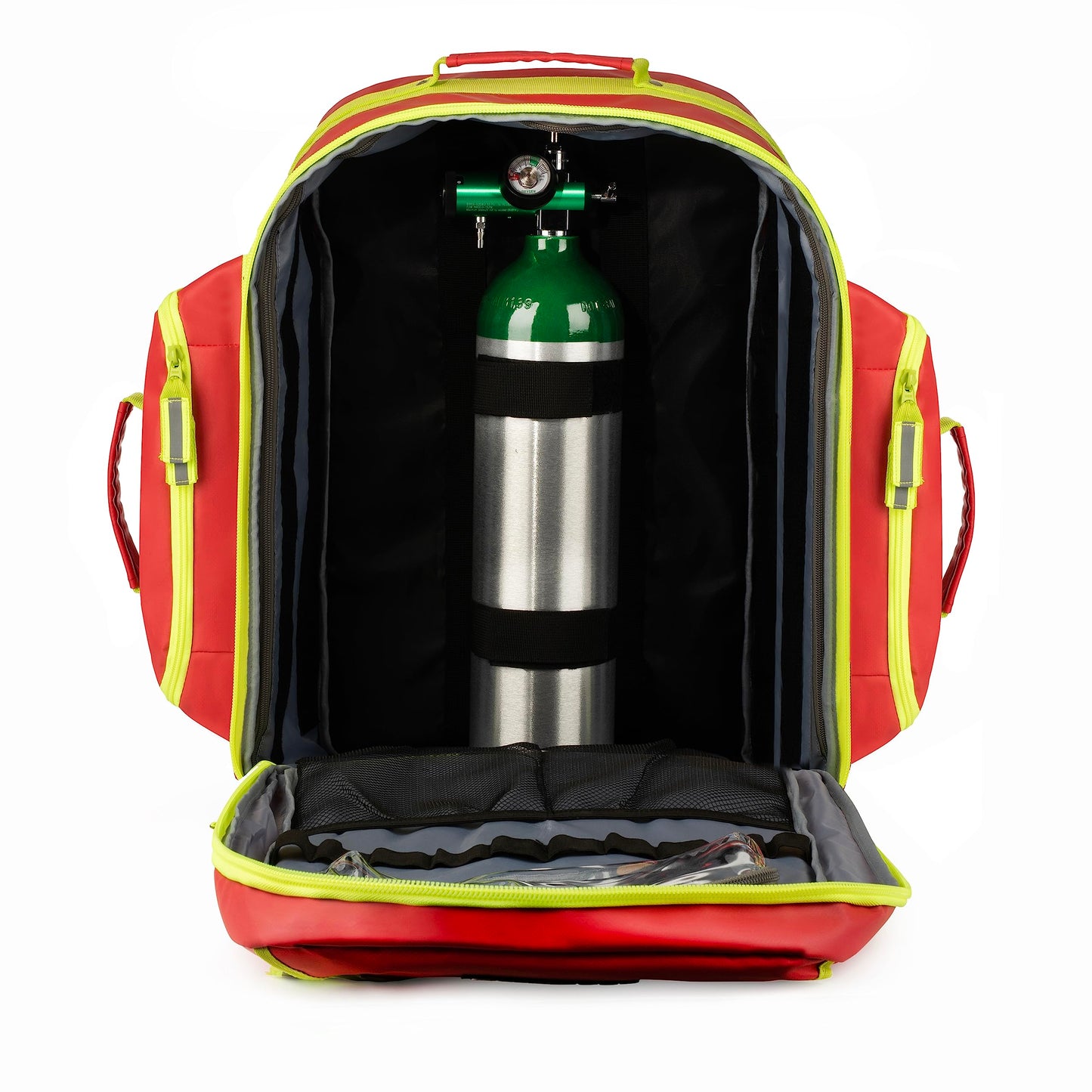 Scherber Fully-Stocked Premium First Responder Backpack | EMT/EMS Medic Trauma & Oxygen Medical Professional Kit | Bag w/ 4 Color-Coded Removable Pouches, O2 Storage, & 250+ First Aid Supplies - Red