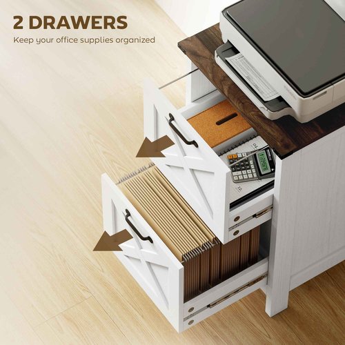 HOMCOM 2 Drawer Vertical File Cabinet with Silent Slides, Rustic Farmhouse Filing Cabinet with Barn Doors for A4/Letter Size, Printer Stand with Storage for Home Office, Distressed White