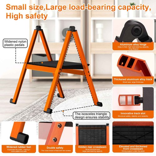 Ainai Folding Step Stool,Aluminum Ultra Thin Stool,400 Lbs Capacity Heavy Duty with Anti-Slip Sturdy and Wide Pedal,Closet Step Ladder for Home,Kitchen,Office and Dorm Bed (Orange)