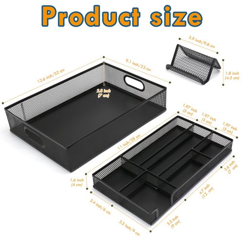 Drawer Organizers, 3 Sets Metal Mesh Desk Drawer Organizer Trays, 2 Desktop Organizers with 2 Pcs Phone Brand Card Holders, Desk Drawer Box Tray for Office, Bathroom, Kitchen, Makeup, Vanity