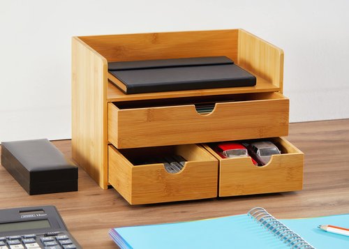 RoyalHouse Premium Natural Bamboo Desktop Organizer, Attractive Design 3 Tier, Table Top Storage for Documents & Office Supplies, Accessories And More, No Assembly Required (3 Drawer with Shelf)