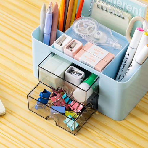 Moikiwi 2PCS Desk Organizer with 2 Drawers, Office Supplies Organizer, Cute Desk Accessories with Plastic, Pen Holder, Blue