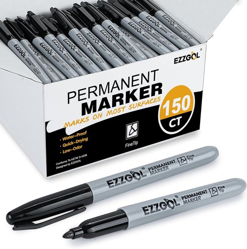 Ezzgol Permanent Markers - 150 Pack Fine Tip Black Waterproof Pens | Premium Smear-Proof, Quick-Drying Office Supplies