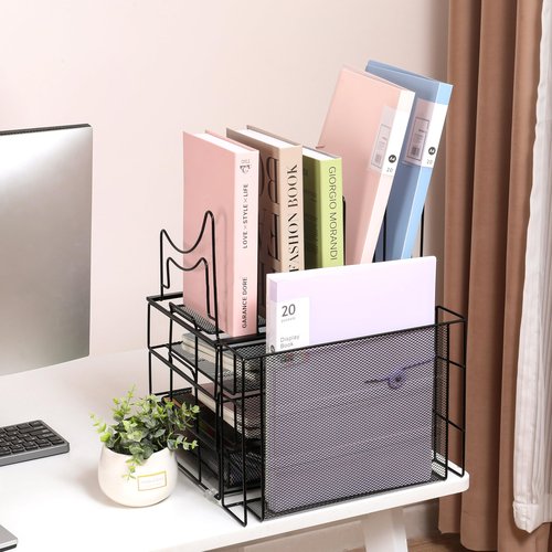VANZAVANZU 5-Tier Desk Paper Letter Tray Organizer with 5 File Sorter Holders Large Desk File Organizer with Sliding Drawer Office Desktop Organizer, Variety of Stacking Style - Dark Black
