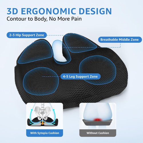 Extra Large Office Chair Cushion, 19" x 17" Ergonomic Memory Foam Seat Cushion for Tailbone, Back, Sciatica & Hip Pain Relief, Booster Pad for Sitting & Driving, Removable Washable Cover, Black
