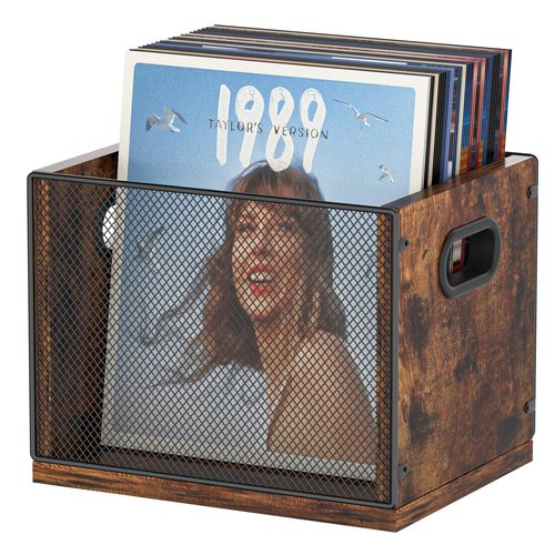 Aimeaihe Vinyl Record Storage Crate, Cube Record Holder Storage 70+ Records, Metal & Wooden Vinyl Storage Record Display Organizer with Handles, Rustic Brown
