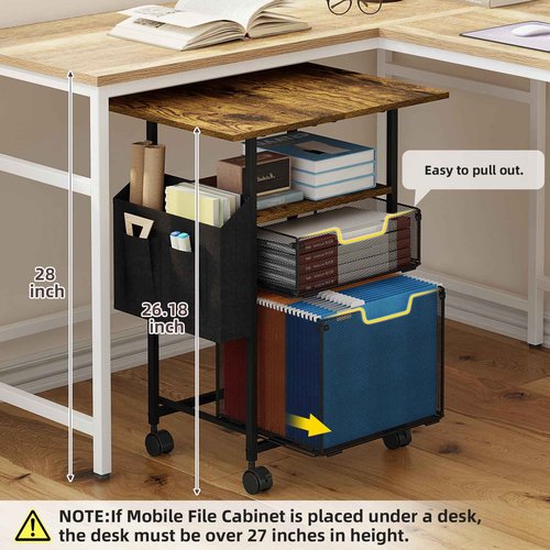 Rolling File Cabinet with Extended Desktop,2 Drawer Small File Cabinet for Home Office,Under Desk Storage with Side Bag,Filing Cabinet Cart File Folder Organizer with Wheels,Printer Stand Storage Cart