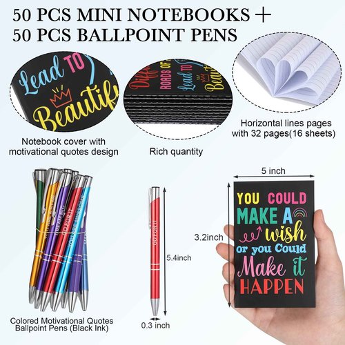Sabary 100 Pcs Inspirational Notepads Ballpoint Pens Sets Mini Motivational Pocket Notebooks Journals Bulk Christmas Teacher Appreciation Gifts for Office Supplies(Inspirational)
