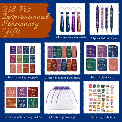 Pasimy 218 Pcs Inspirational Stationery Gifts Motivational Mini Notepad Pen Quote Bookmarks Stress Relief Stickers Inspiring Silicone Keychains for Kid Adult School Office Appreciation(Bright)