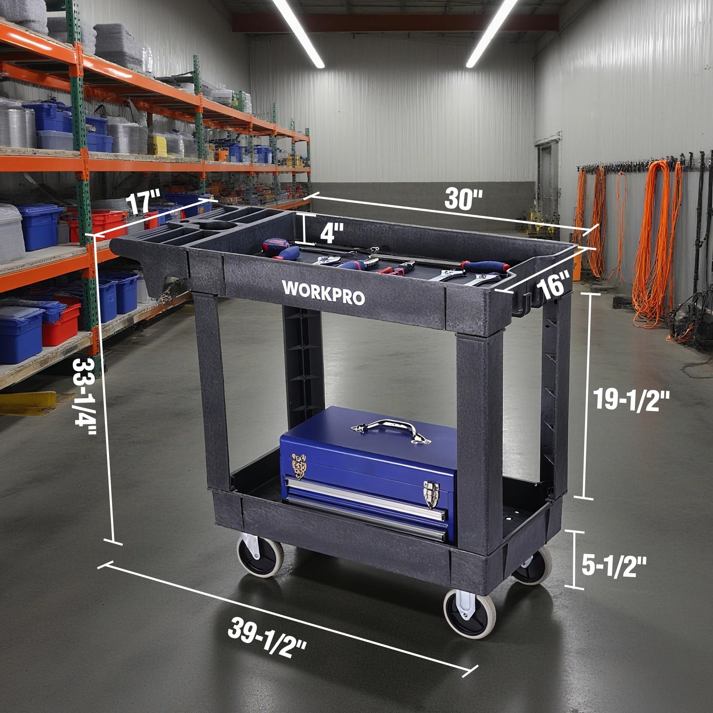 WORKPRO 500 lb 2-Tier Rolling Tool Cart with Locking Casters