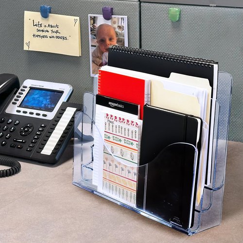 Azar Displays 250099 Three Tier File and Brochure Desktop Wall Organizer Holder with Dividers brochure display stand acrylic file holder, Clear