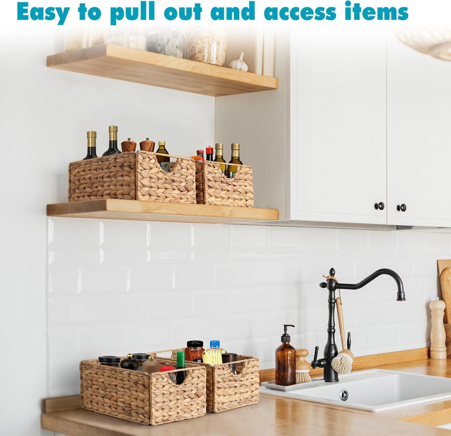 Water Hyacinth Pantry Baskets - Set of 4 Wicker Storage Baskets for Organized Shelves | 12.5 x 9.5 x 6 in
