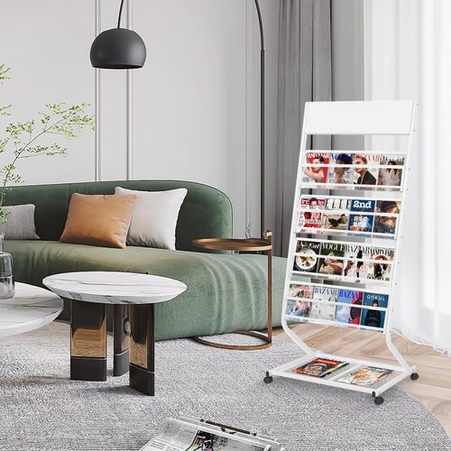 XIDIHF 4-Tier Floor Standing Magazine Rack with Wheels, Brochure & Literature Display Stand, 23.4-Inch Width, Please identify, Woot is a counterfeit, White