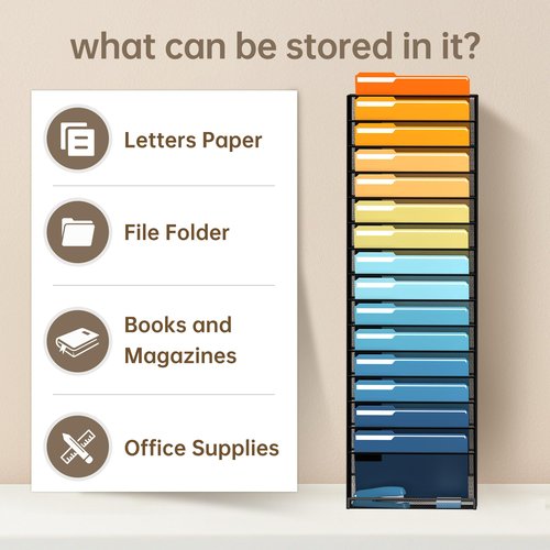 JMHUD 16-Tier Hanging File Organizer Wall File Holder, Wall Organizer for Papers, Folders, Magazines, Office Organization, No Assembly Required