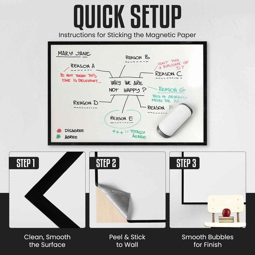 Mariff Magnetic Dry Erase Whiteboard Paper | 24x36 Self-Adhesive White Board Wall Paper & Fridge White Board for Office, Home, Kitchen | Includes 4 Markers & Magnetic Eraser | Easy to Clean