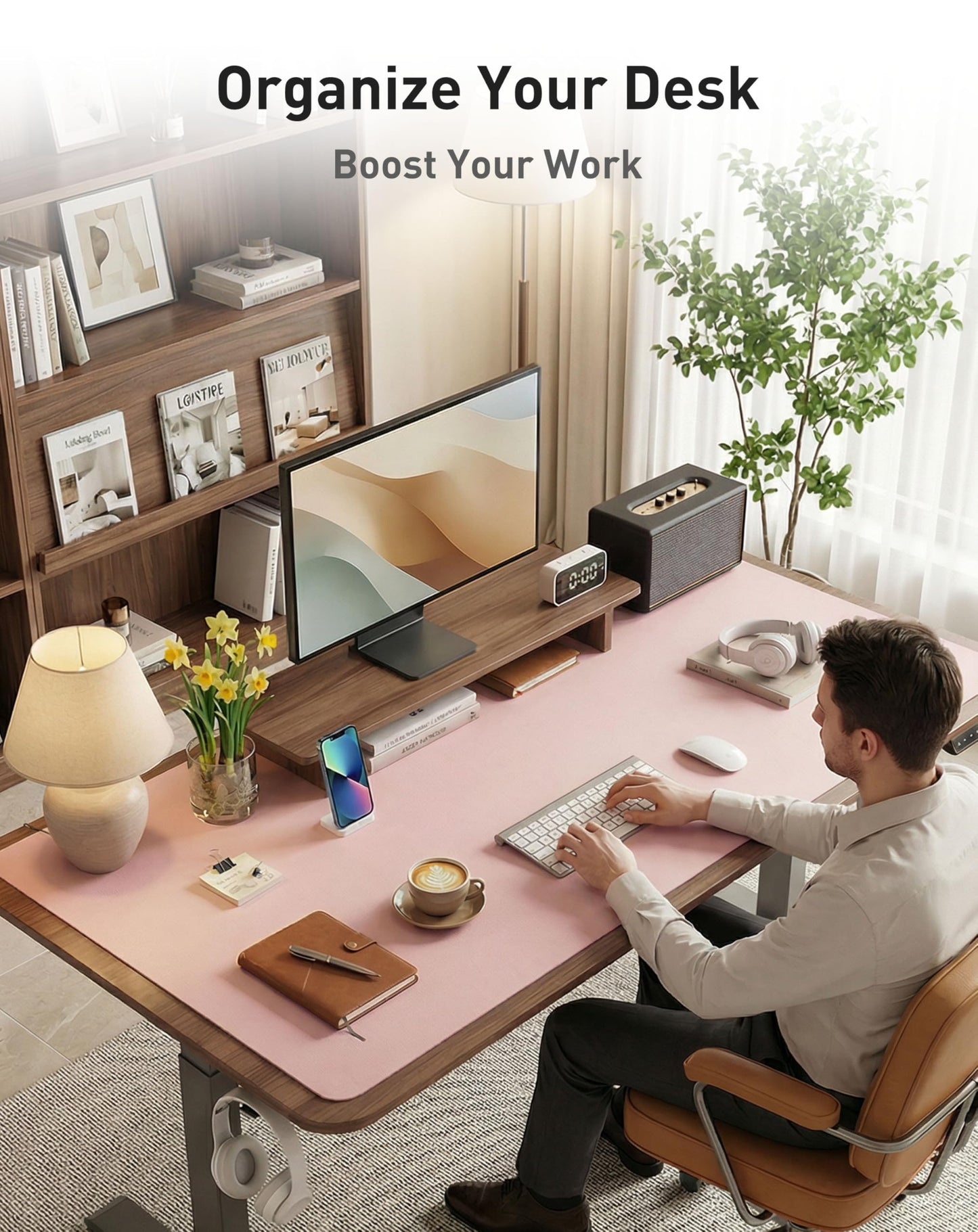 Aothia Faux Leather Desk Mat - Large Mouse Pad, Non-Slip PU Leather Blotter, Waterproof Writing Surface for Office and Home (Fairy Pink, 40" x 24")