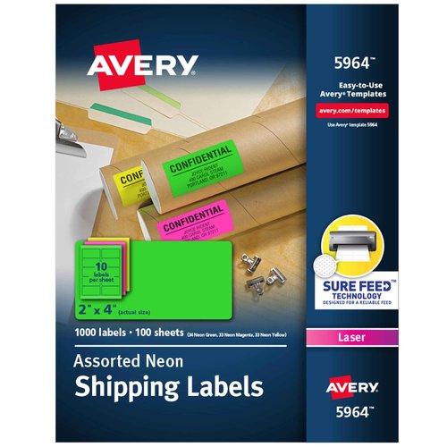 Avery Printable Shipping Labels with Sure Feed, 2" x 4", Assorted Neon (Magenta, Green and Yellow), 1,000 Blank Mailing Labels (5964)