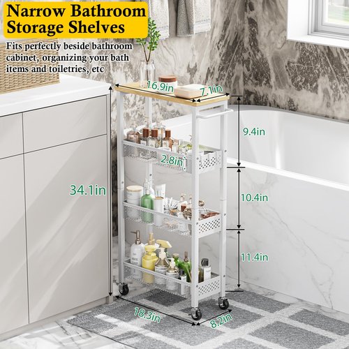 OKZEST Utility Slim Storage Cart, 4 Tier Small Rolling Kitchen Laundry Room Cart with Wood Top, Metal Narrow Bathroom Storage Cabinet Mobile Shelf Unit Organizer Trolley with Handle for Narrow Space